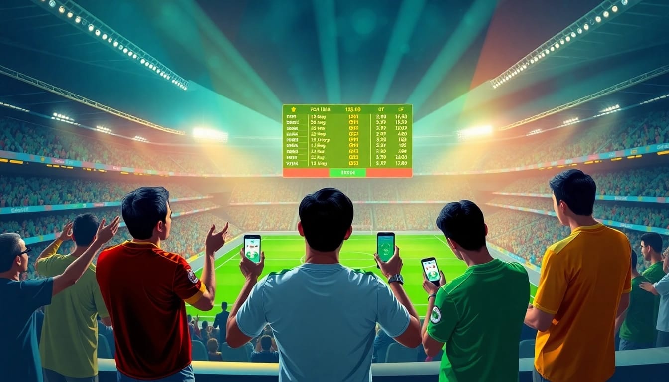 Exciting kèo nhà cái sports betting scene with fans, digital scoreboard, and diverse bettors.