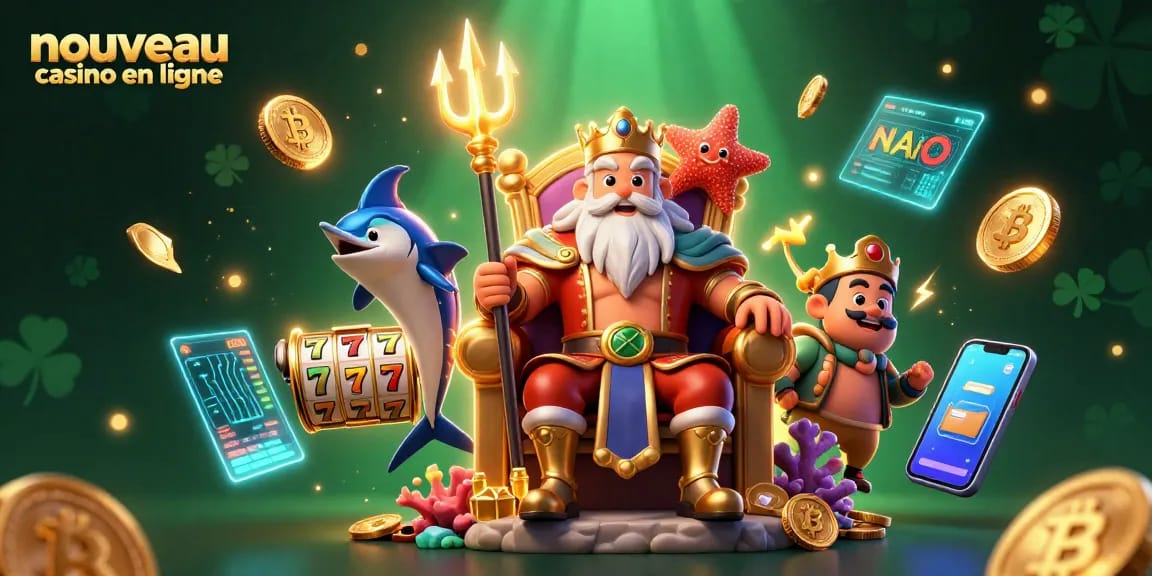 Visualisez un nouveau casino en ligne avec le roi Neptune entouré de jackpots, de crypto-monnaies et des symboles de la chance.