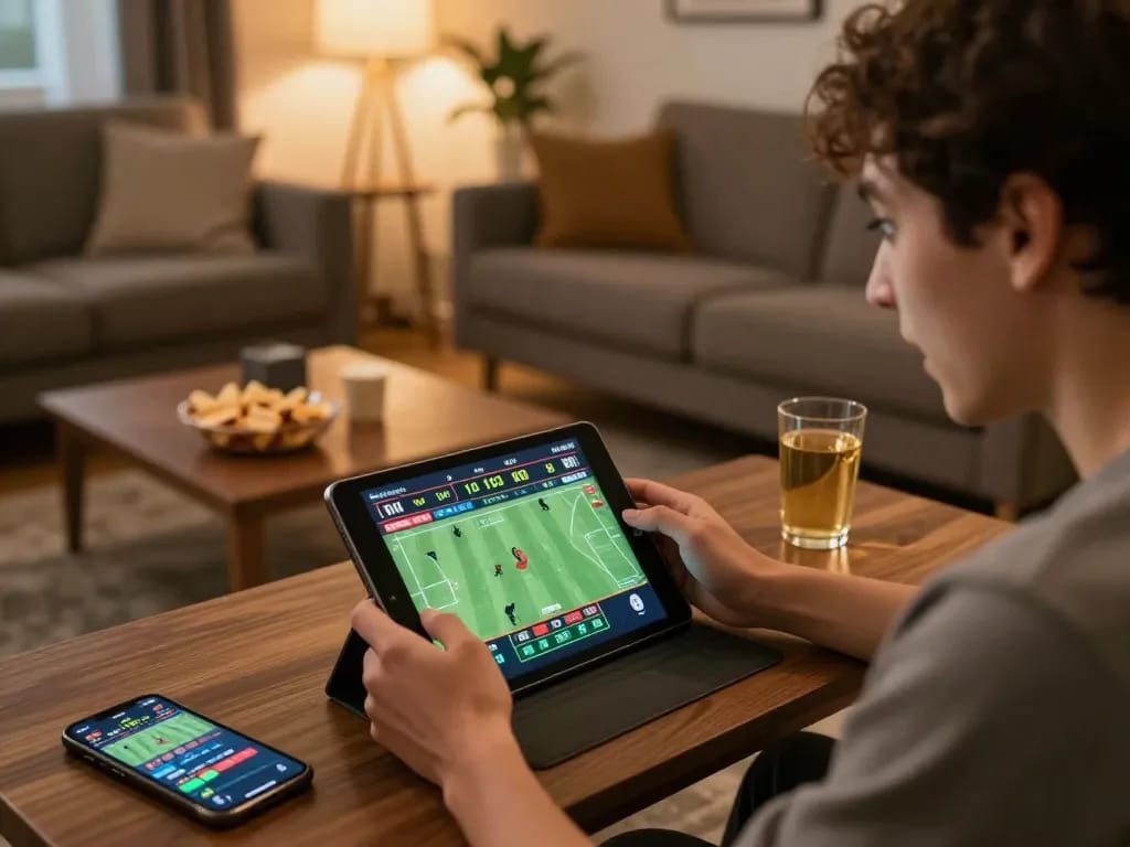 Person using keonhacaii88 for online sports betting, captivated by live odds during home gaming.