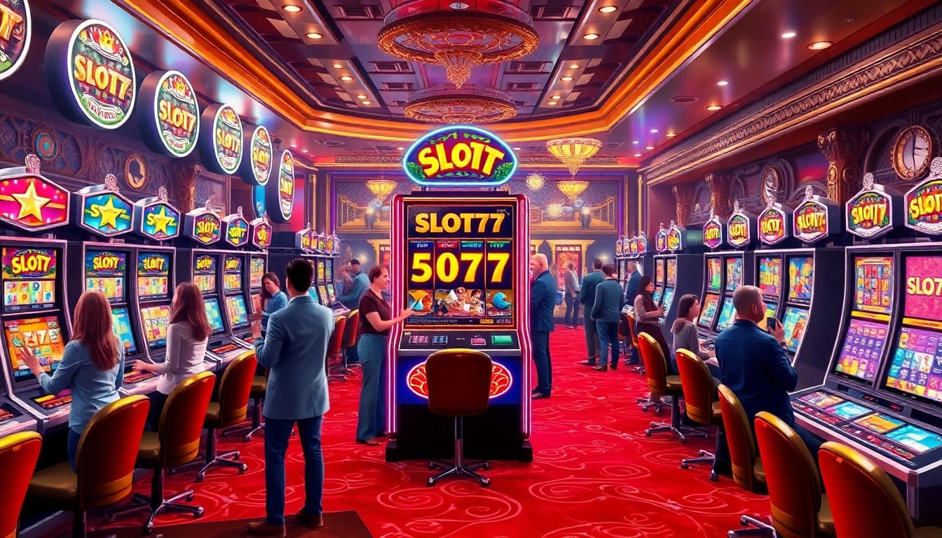 Permainan Slot77 yang menarik di kasino dengan pencahayaan cerah dan pemain antusias.