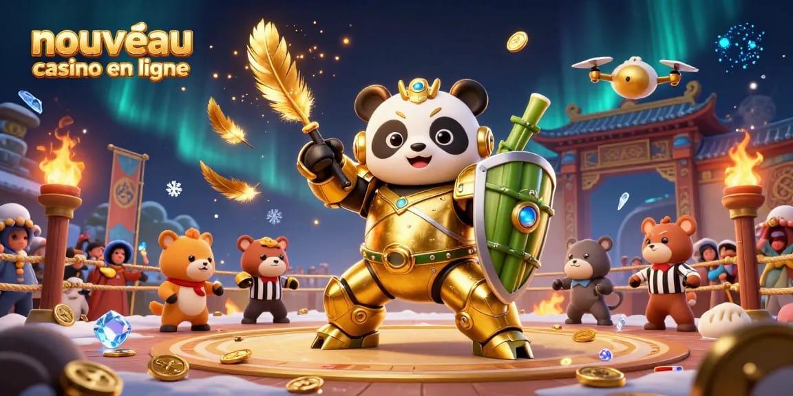 Vivez l'expérience du nouveau casino en ligne avec un panda guerrier et des jetons d'or dans une illustration dynamique.