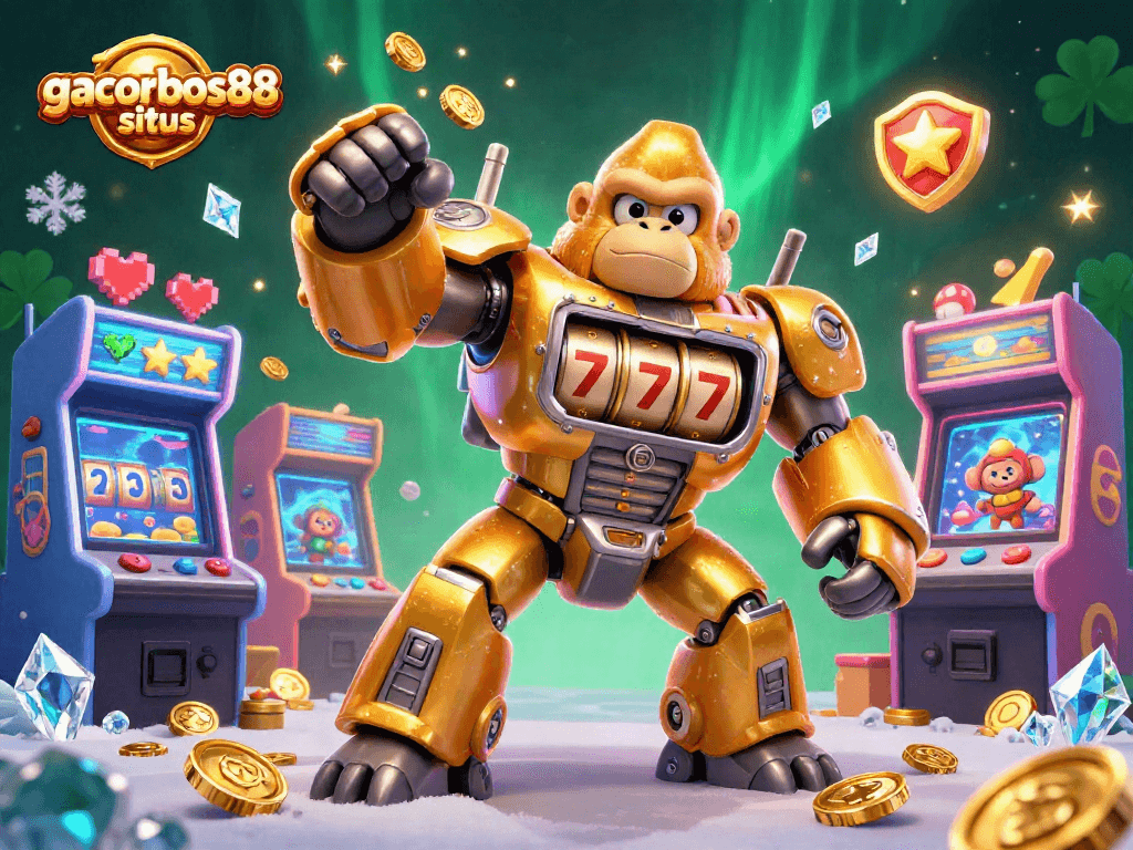 Engage with gacorbos88 situs through a dynamic illustration featuring a golden gorilla mech and vibrant gaming elements.