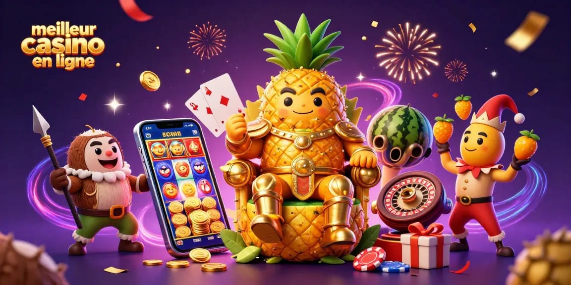 Jouez au meilleur casino en ligne avec le roi ananas illustré entouré d'éléments de jeux de casino dynamiques.
