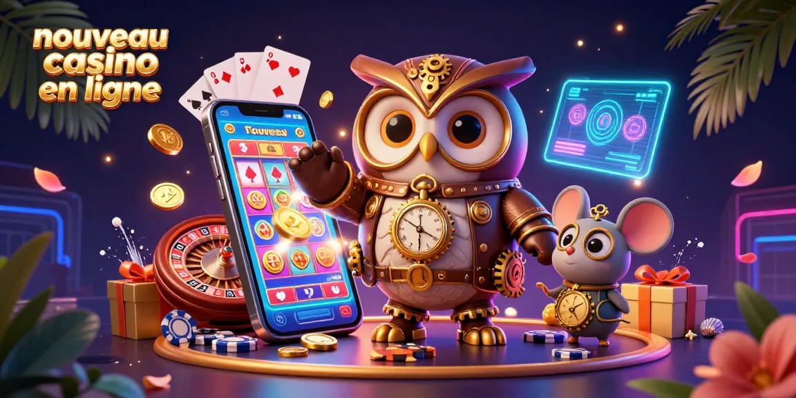Plongez dans l'univers captivant du nouveau casino en ligne avec une illustration 3D dynamique, évoquant des jeux fascinants.