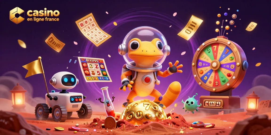 Jeux captivants sur casino en ligne France avec un lézard martien découvrant un casino doré au milieu de la scène.
