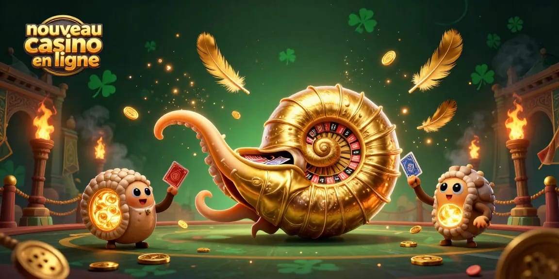 Participez au nouveau casino en ligne avec une illustration 3D captivante de nautilus et de jeux de cartes.