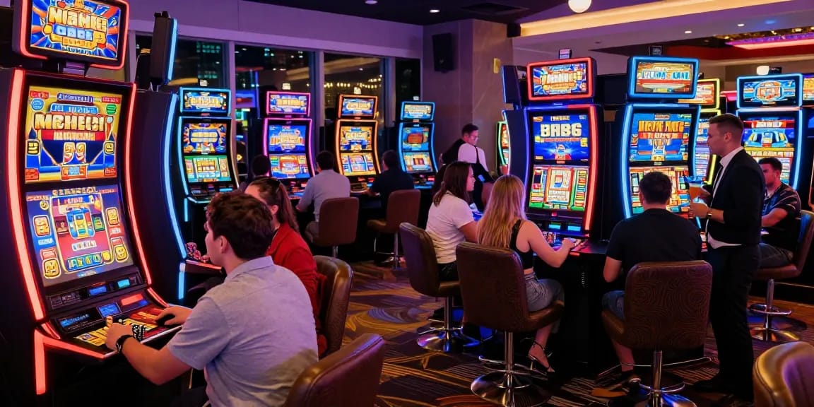 Exciting slot gaming experience in a vibrant casino filled with animated machines, players engaged in gameplay.