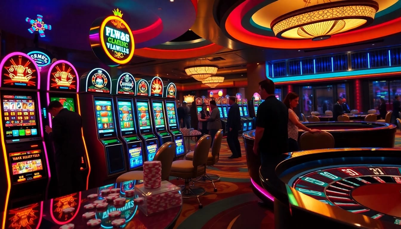 Adegan kasino yang menarik menampilkan kegembiraan deposit slot 1K dengan mesin berwarna cerah dan pemain.