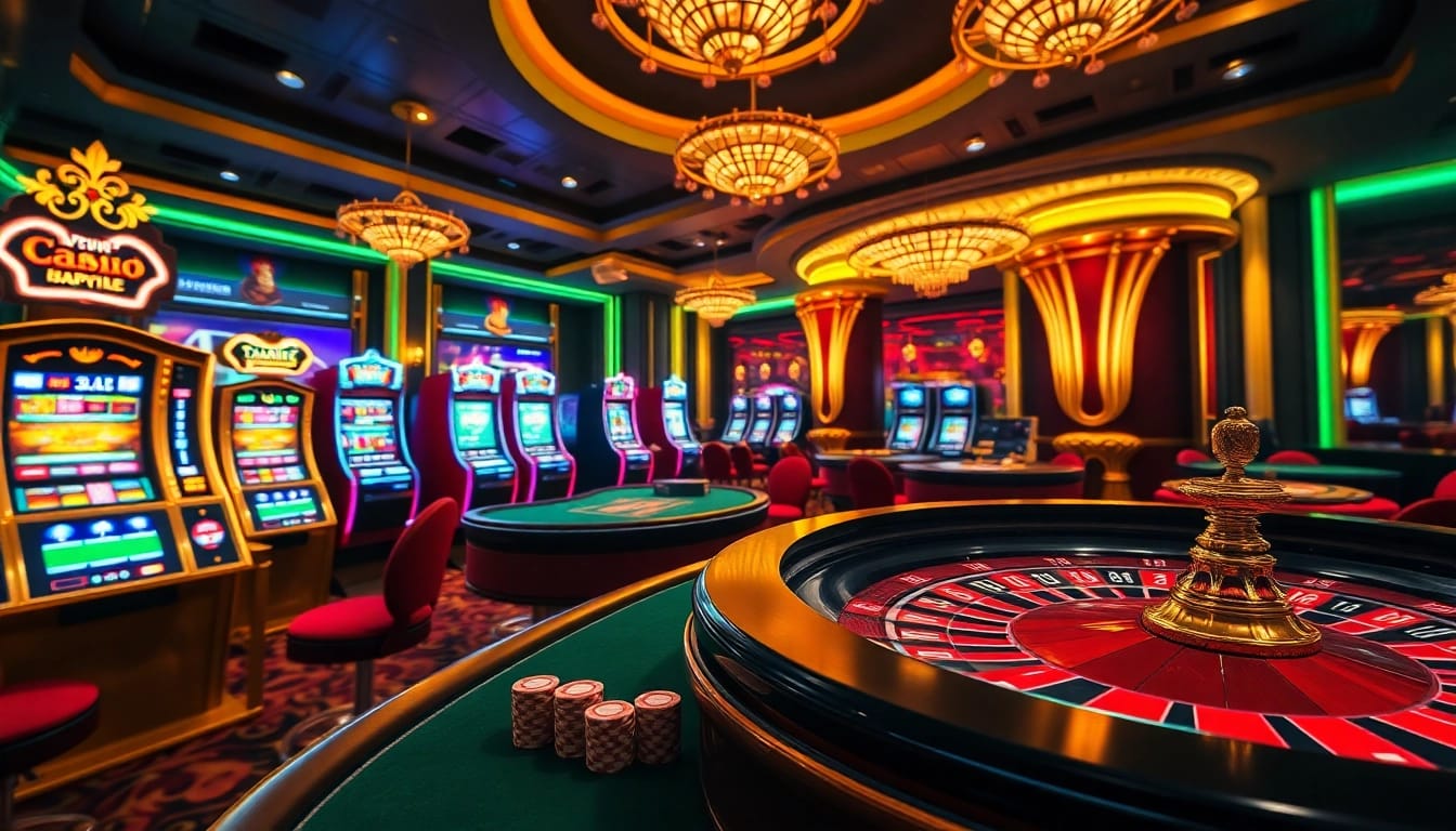 Engaging casino scene showcasing the excitement of Trang game Haywin with vibrant tables and slots.
