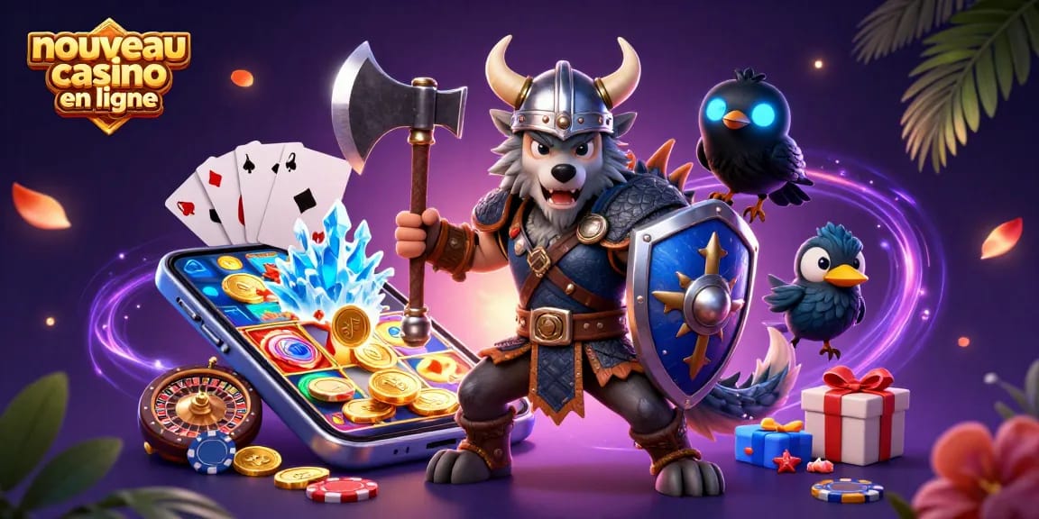 Illustration dynamique d'un nouveau casino en ligne avec un guerrier loup viking et des éléments de jeu animés.