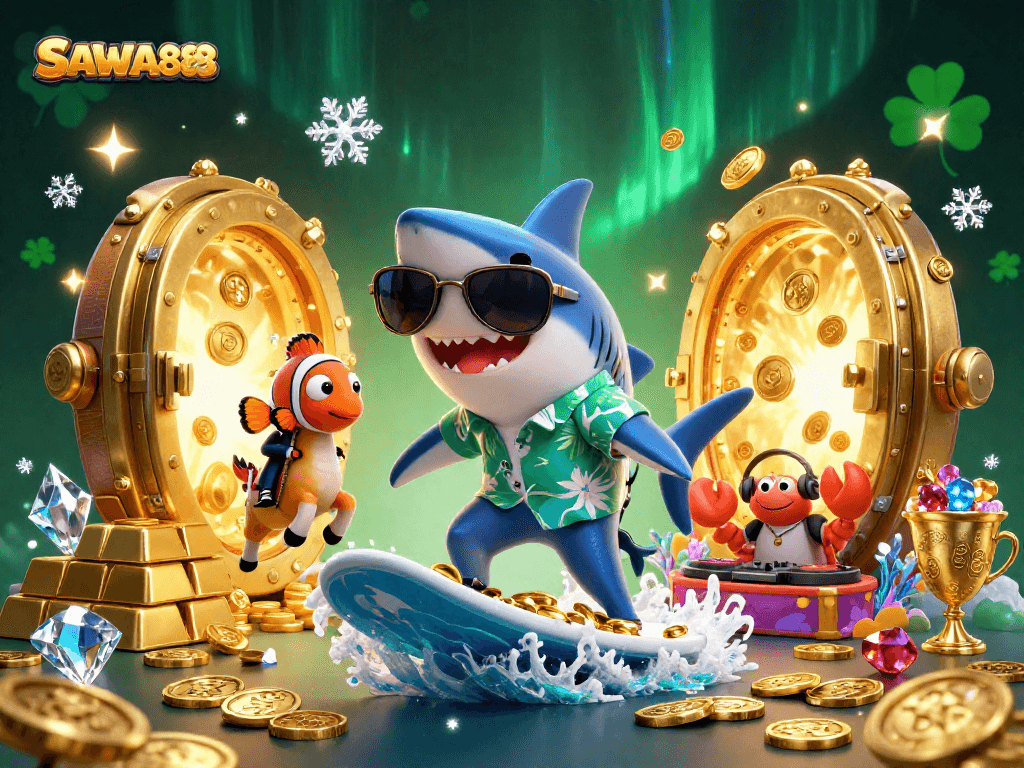 SAWA888 bringing the thrill of jackpots with a captivating 3D casino scene featuring vibrant characters and dynamic elements.