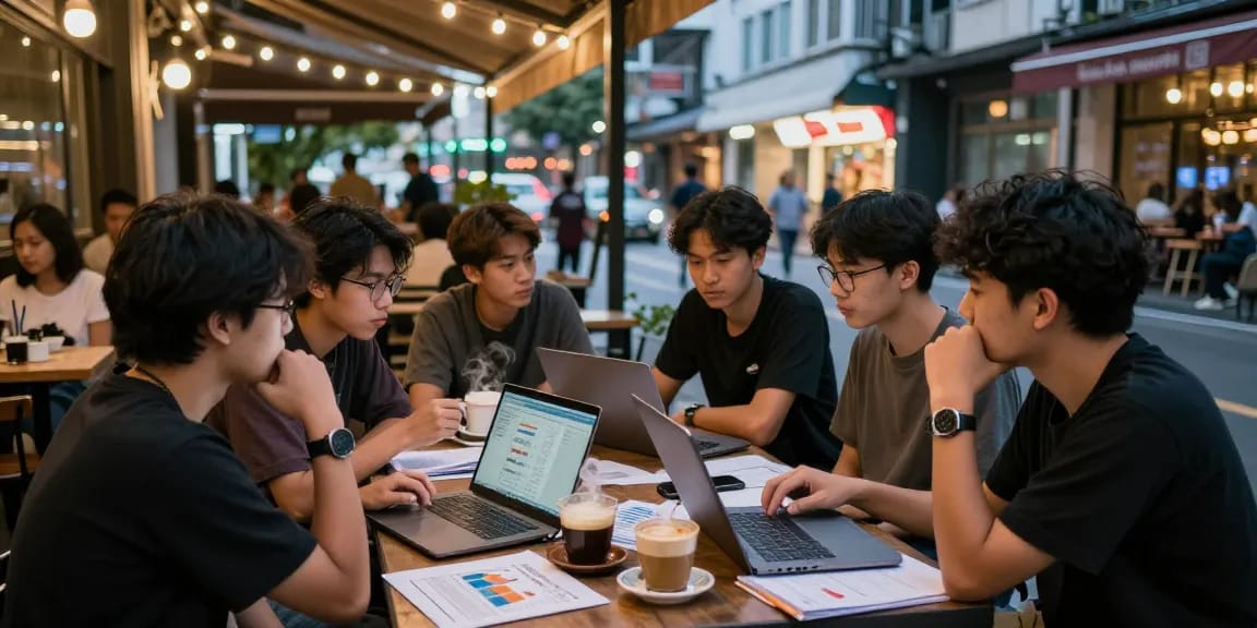 Diskusi syair menang di kafe kota dengan kelompok muda, laptop dan catatan angka togel.