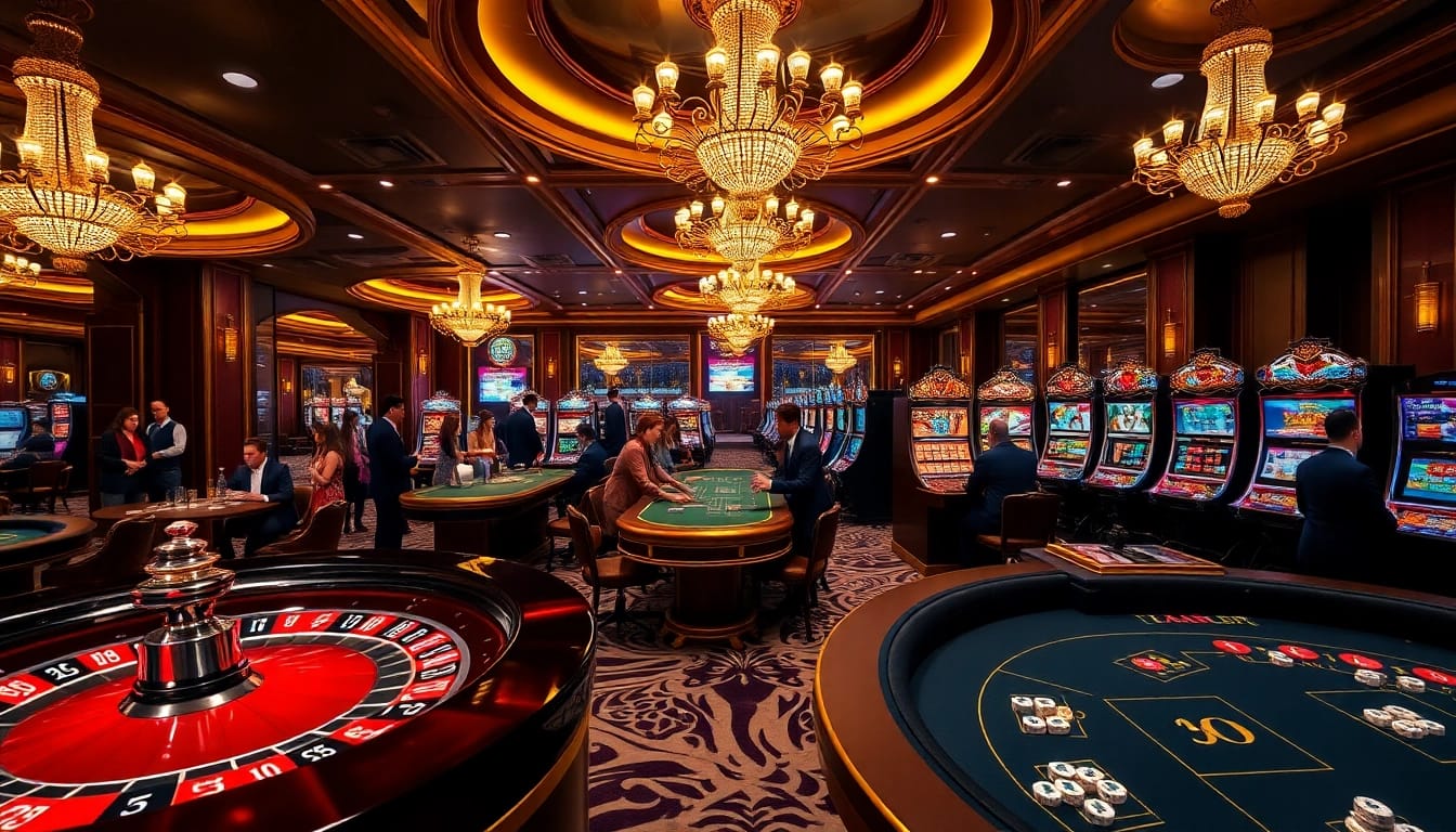 Engaging scene of luxury at Thabet casino, featuring poker, roulette, and slot machines.