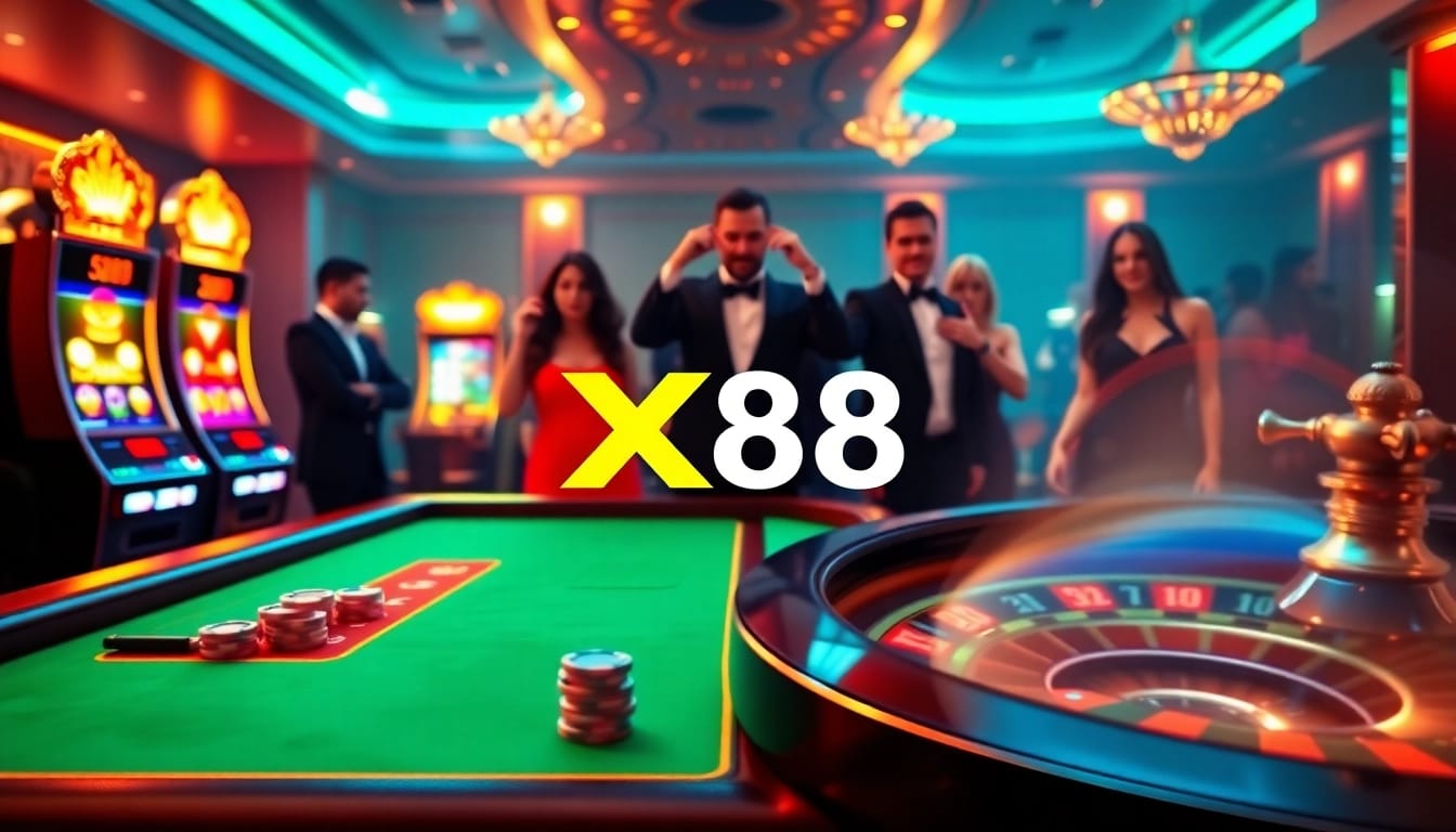 Engage with the thrilling atmosphere of XX88 at a luxurious casino featuring poker tables and roulette wheels.
