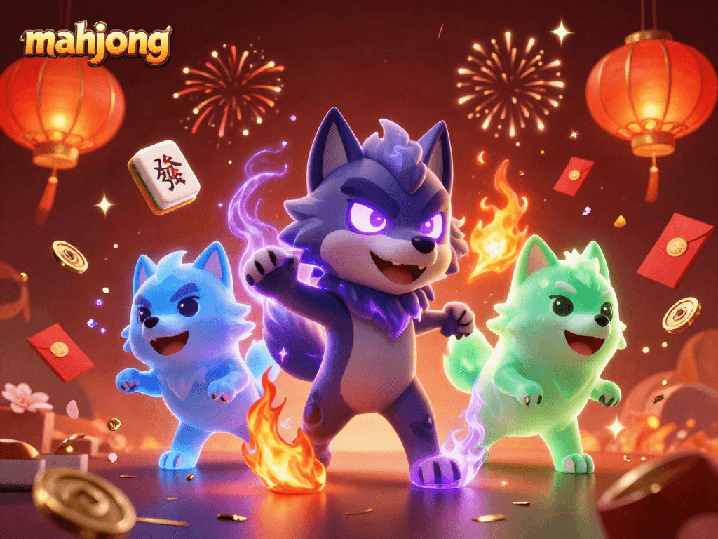 Engage in mahjong excitement with a cartoon wolf pack amid festive casino elements in a vibrant scene.