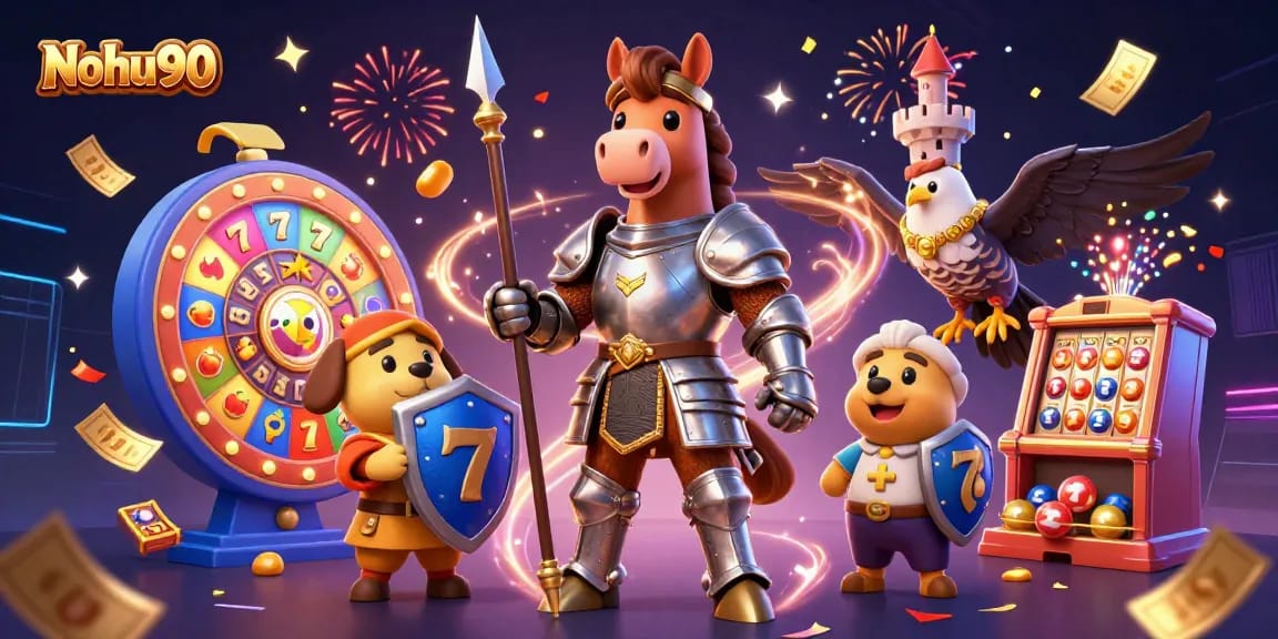 Nohu90 presents an exciting illustration of a knight and his squire amidst vibrant slot symbols and dynamic gaming elements.