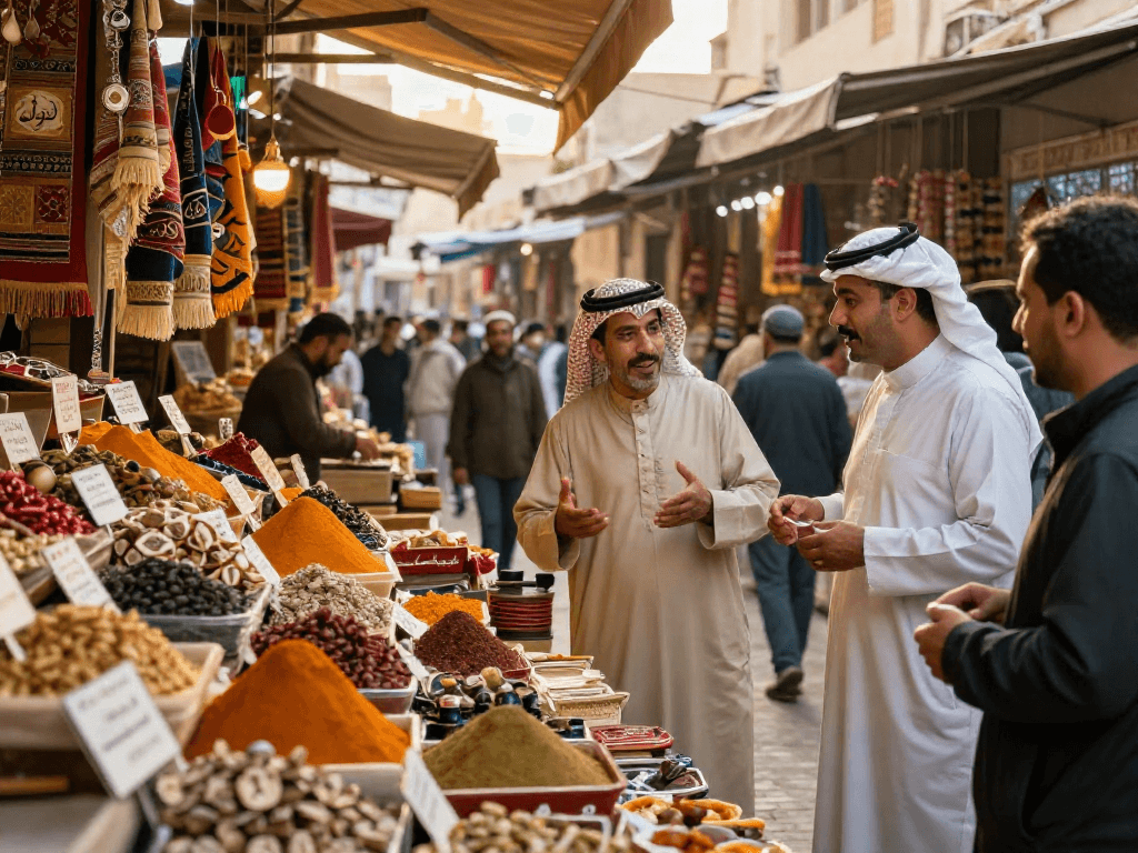 سوق نابض بالحياة في الشرق الأوسط حيث يتفاعل القھوجي مع الزبائن ويعرض المنتجات