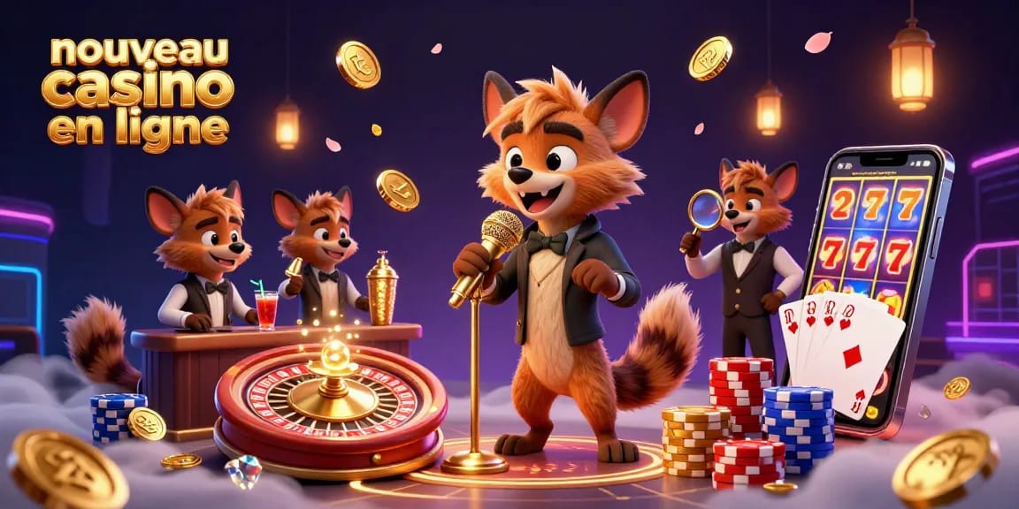 Animation humoristique d'un nouveau casino en ligne avec des hyènes en train de divertir et servir des boissons.
