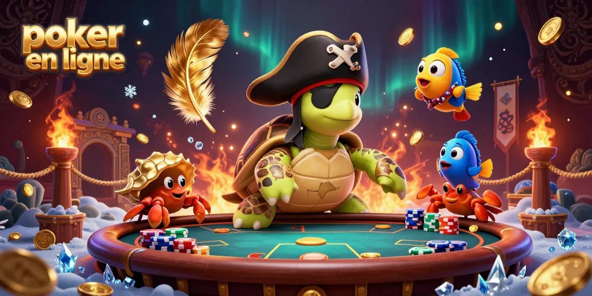 Participez à des jeux de poker en ligne avec l'illustration dynamique d'une scène de poker en mer.