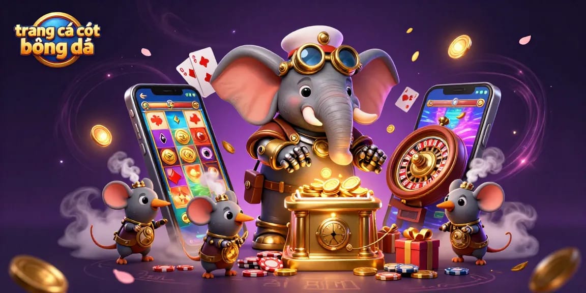 Experience trang cá cược bóng đá visually as a 3D steampunk elephant engages in sports betting.