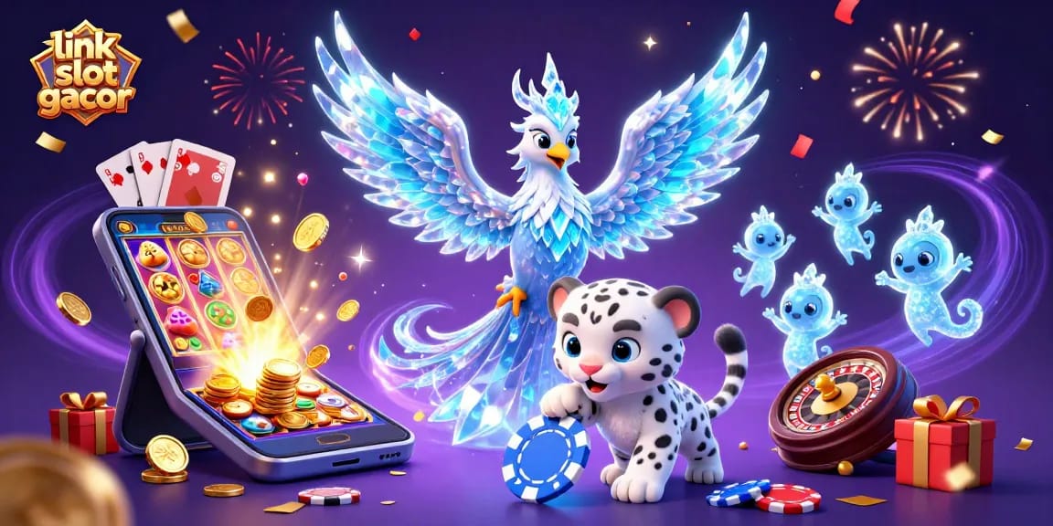 Mainkan permainan slot yang menarik dengan link slot gacor yang menampilkan karakter cerah dan elemen kasino yang bergerak.