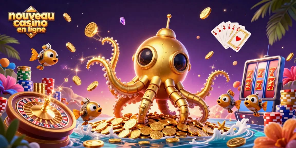 Illustration d'un nouveau casino en ligne avec kraken et animations de jeux de casino