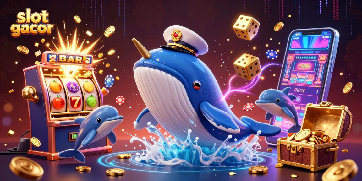 Play thrilling slot gacor with a whimsical whale and vibrant casino elements in a dynamic 3D scene.