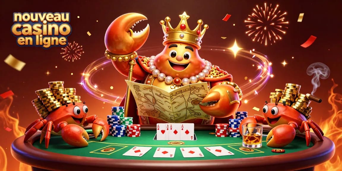 Illustration 3D d'un nouveau casino en ligne avec un crabe empereur et des jetons d'or dispersés autour