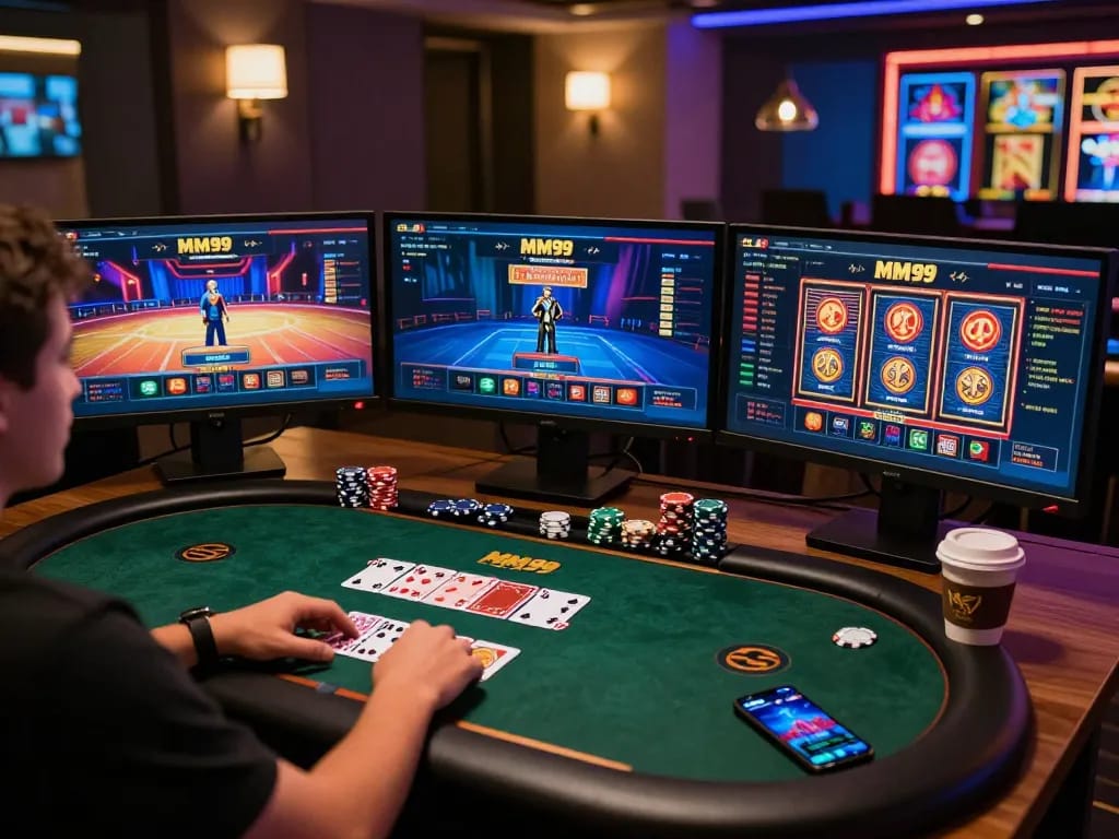 Player experiencing MM99 online casino gaming, focused on gameplay with chips and cards at hand