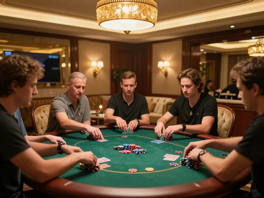 RR88 VIP gaming room showcasing high-stakes poker action with players and chic decor
