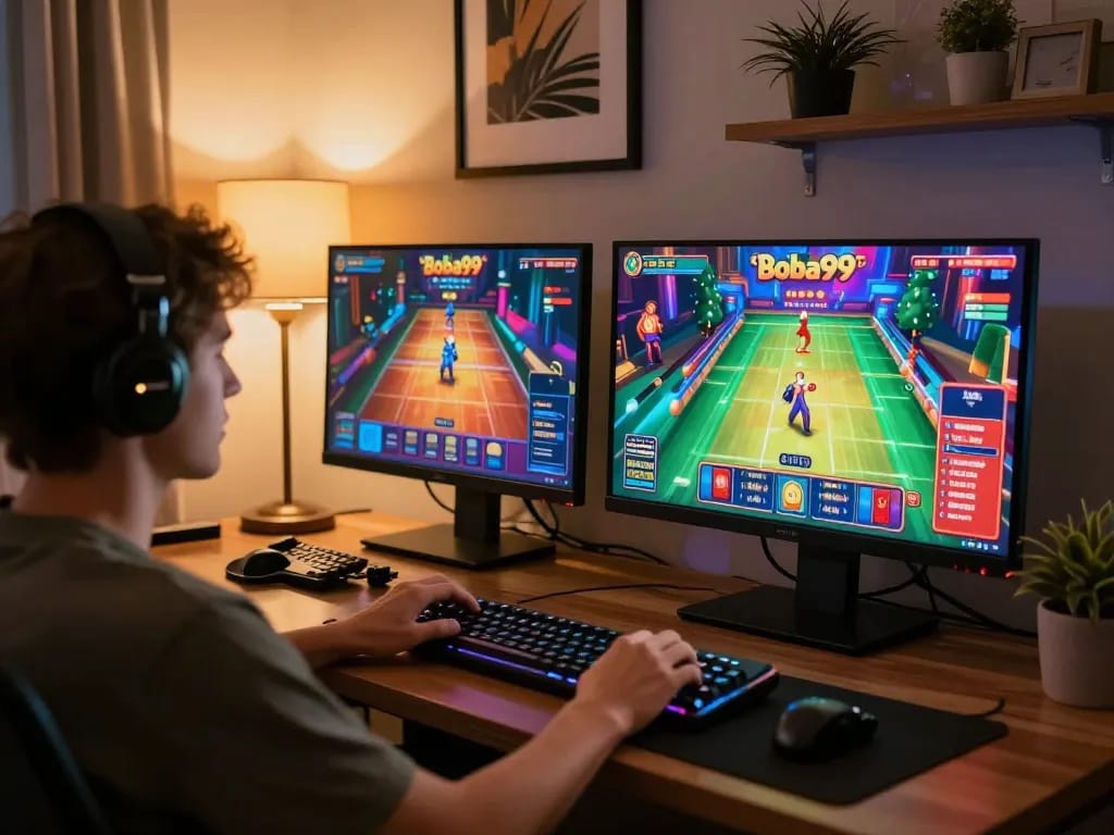 Pemain yang terlibat merancang strategi di kasino online Boba99, menampilkan visual permainan yang berwarna-warni.