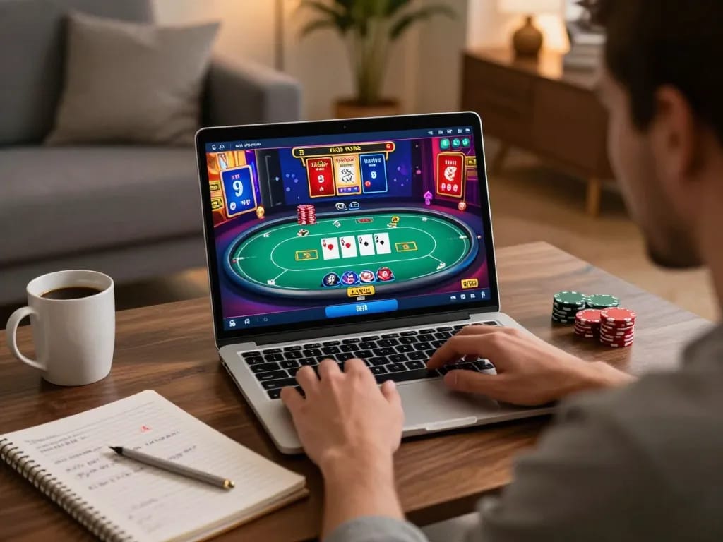 Engaged player strategizing with ManClub online poker game on laptop in a cozy home setting.