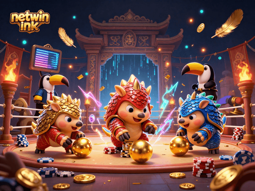 Experience thrilling gameplay with netwin ink, featuring rival pangolins amidst casino elements and golden confetti.