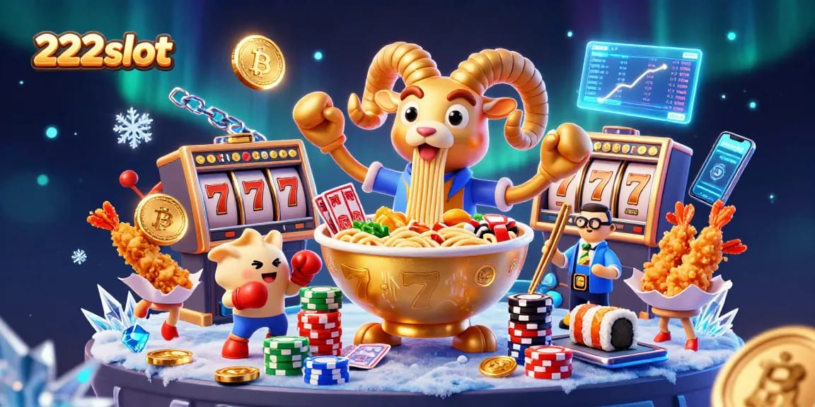 Permainan 222slot menghibur dengan karakter slot, koin cryptocurrency, dan suasana kasino yang meriah.