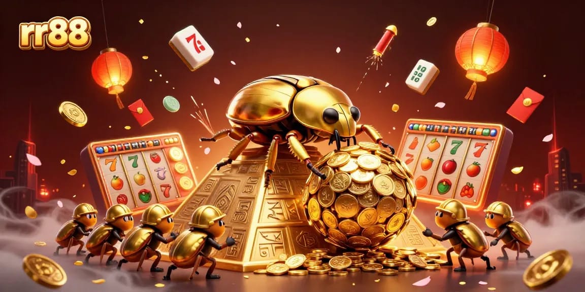Engage with rr88's vibrant casino world featuring golden beetles rolling coins, lively games, and lavish decorations.
