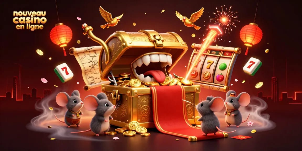 Illustration d'un nouveau casino en ligne avec un coffre au trésor et des éléments de jeu captivants.