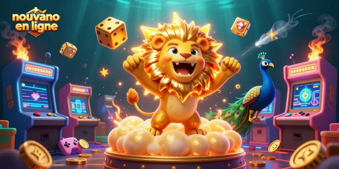Aperçu d'un nouveau casino en ligne avec un lion, des dés dorés et des éléments de jeu colorés