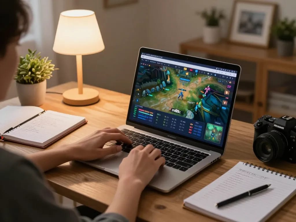 Engaging in strategic gameplay on rr88c with a laptop at home, showcasing an inviting gaming setup