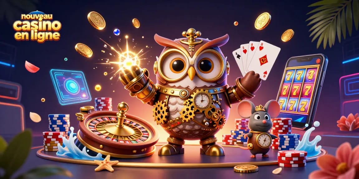 Plongez dans le nouveau casino en ligne avec une illustration dynamique d'un hibou voyageur et des éléments de casino futuristes.