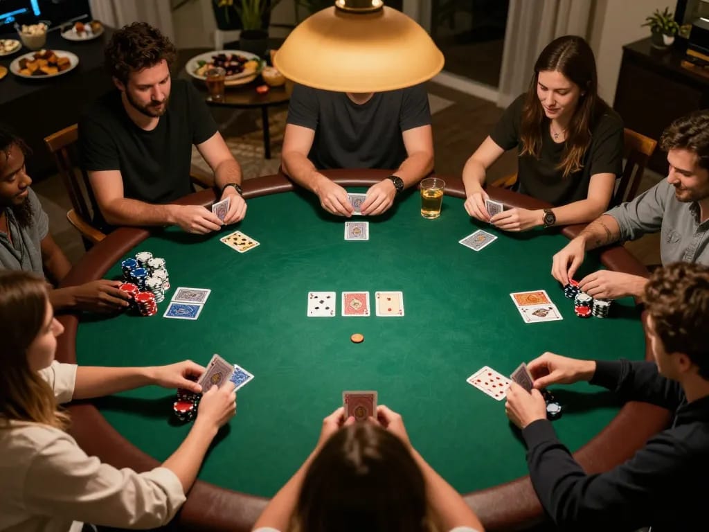 Engaging poker game at home showcasing BK8 players strategizing with cards and chips