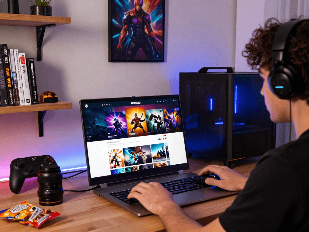 rokok88 login on vibrant gaming platform interface with user at a modern desk