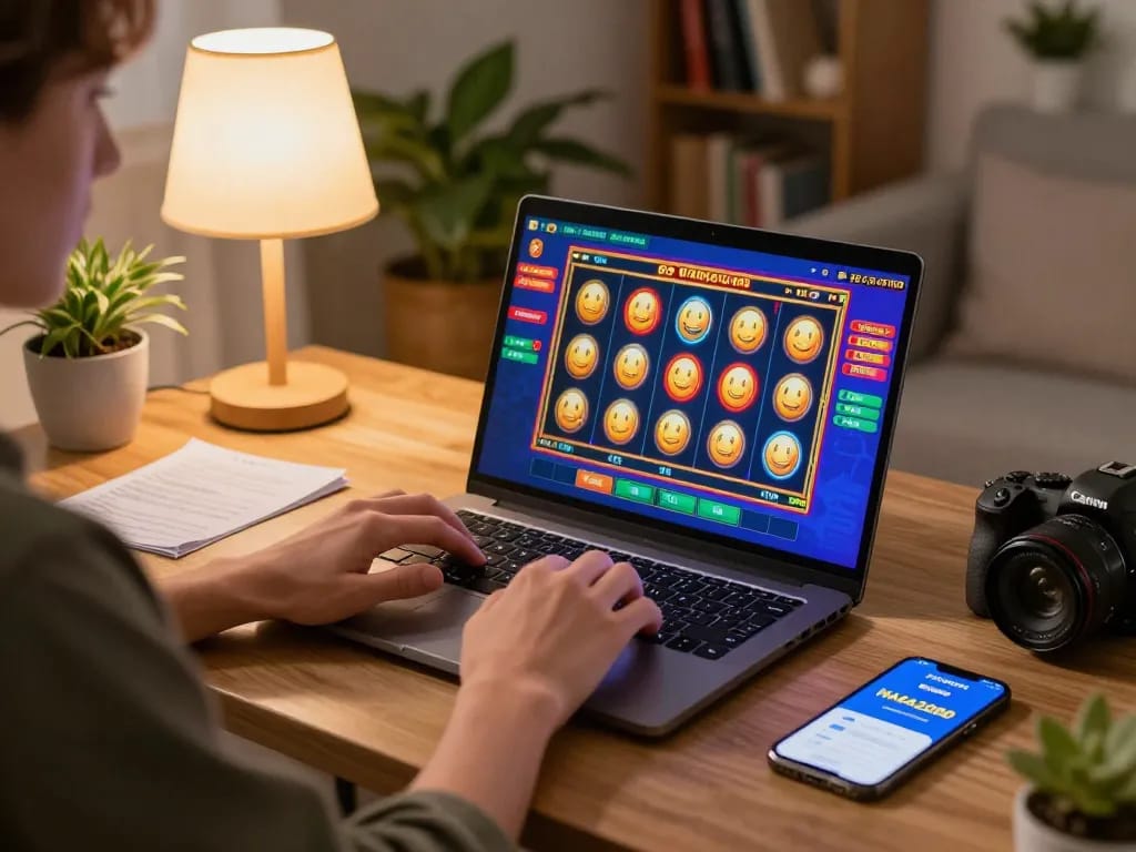 NAGA2000 player engaging with online slot game on laptop in a cozy home setting