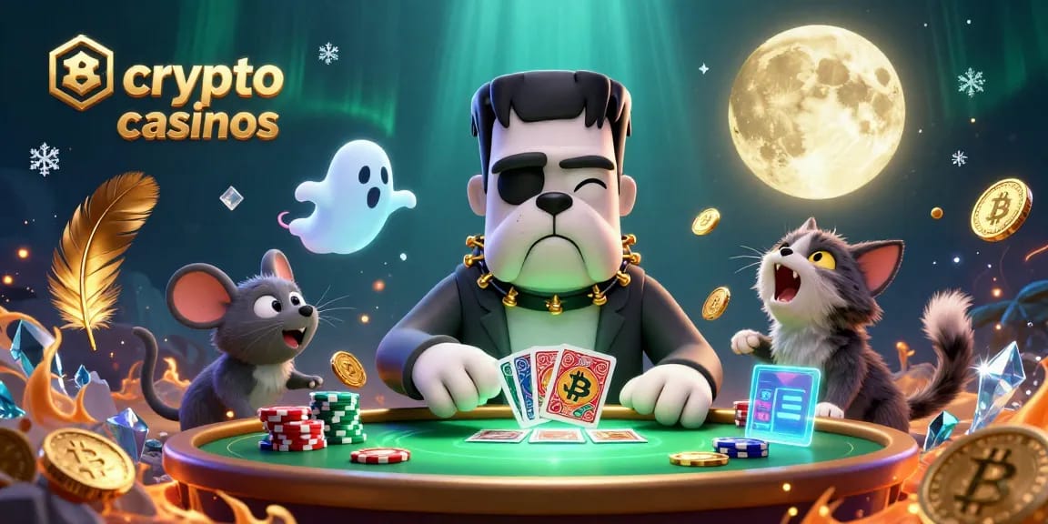 Les crypto casinos prennent vie avec un bulldog Frankenstein jouant aux cartes, entouré de pièces dorées et d'éléments blockchain.