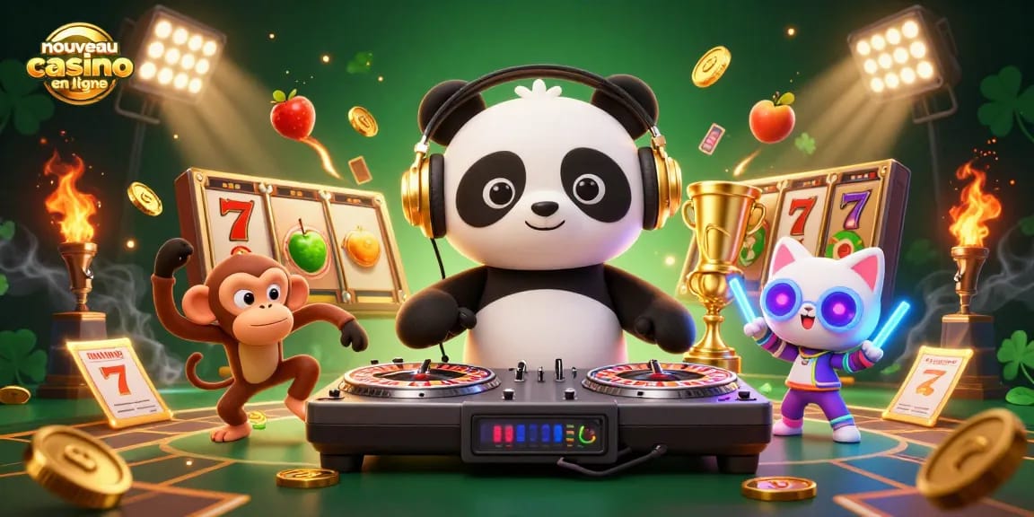 Illustration dynamique d'un nouveau casino en ligne avec un panda DJ et des éléments de jeu captivants.