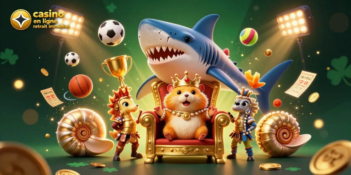 Plongez dans le monde du casino en ligne retrait immédiat avec cette illustration de roi hamster sur son trône, entouré de gardes et d'éléments dynamiques.