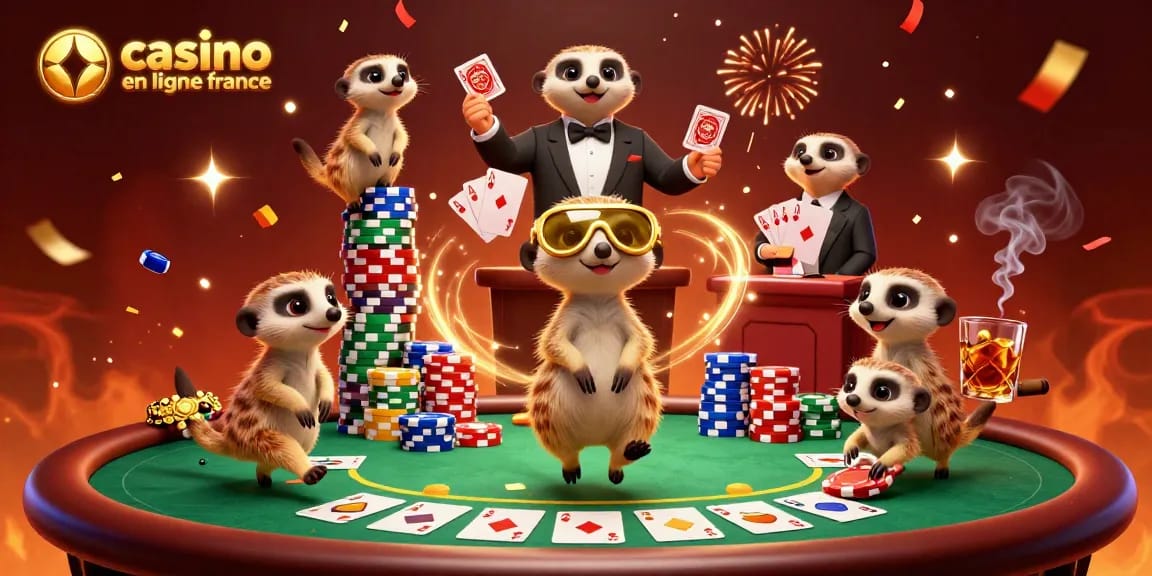 Plongez dans l'univers du casino en ligne France avec des meerkats animés en pleine action.