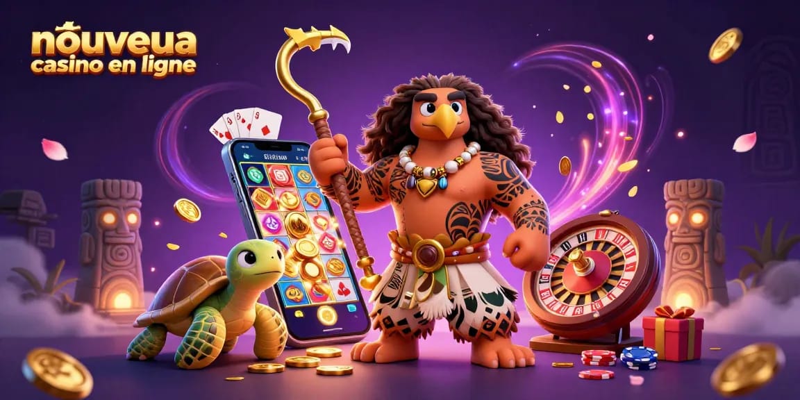 Découvrez un nouveau casino en ligne avec des personnages animés et des jeux vibrants en arrière-plan.