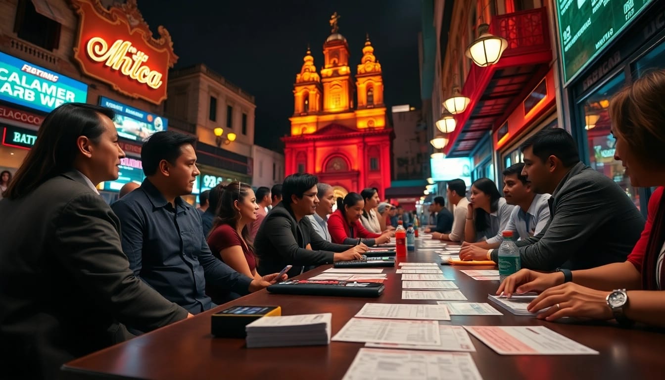 Explore the vibrant scene of the best sports betting sites in Mexico with dynamic characters engaging in betting.
