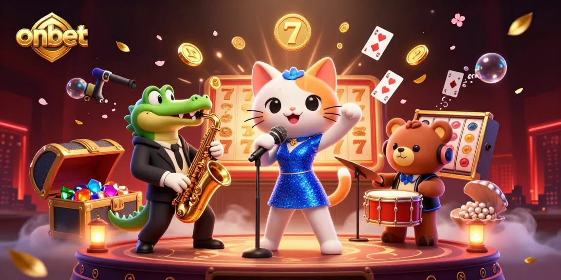 Experience vibrant casino fun with onbet, featuring a jazz-singer cat, saxophone-playing crocodile, and drum-playing bear.