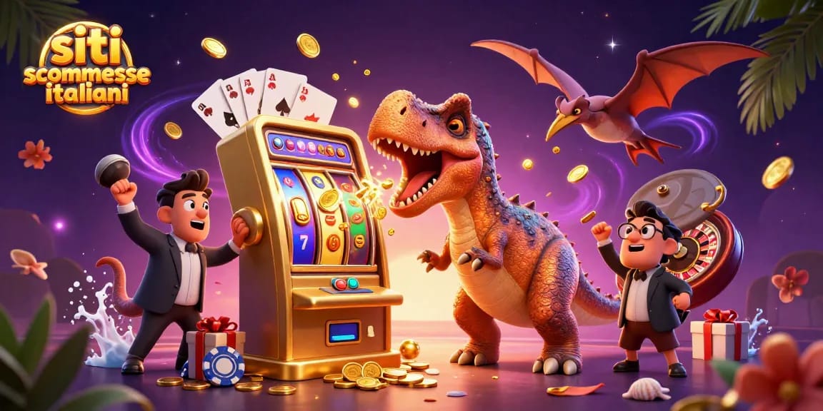 Siti scommesse italiani: Un pachicefalosauro sta colpendo una slot machine d'oro per far esplodere monete, con dettagli vivaci di casinò e giochi.